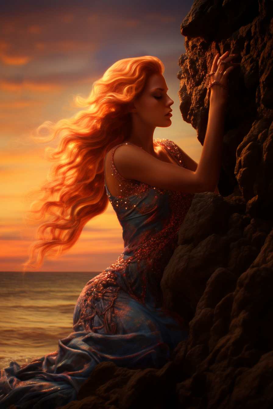 Beautiful siren singing on a sea rock