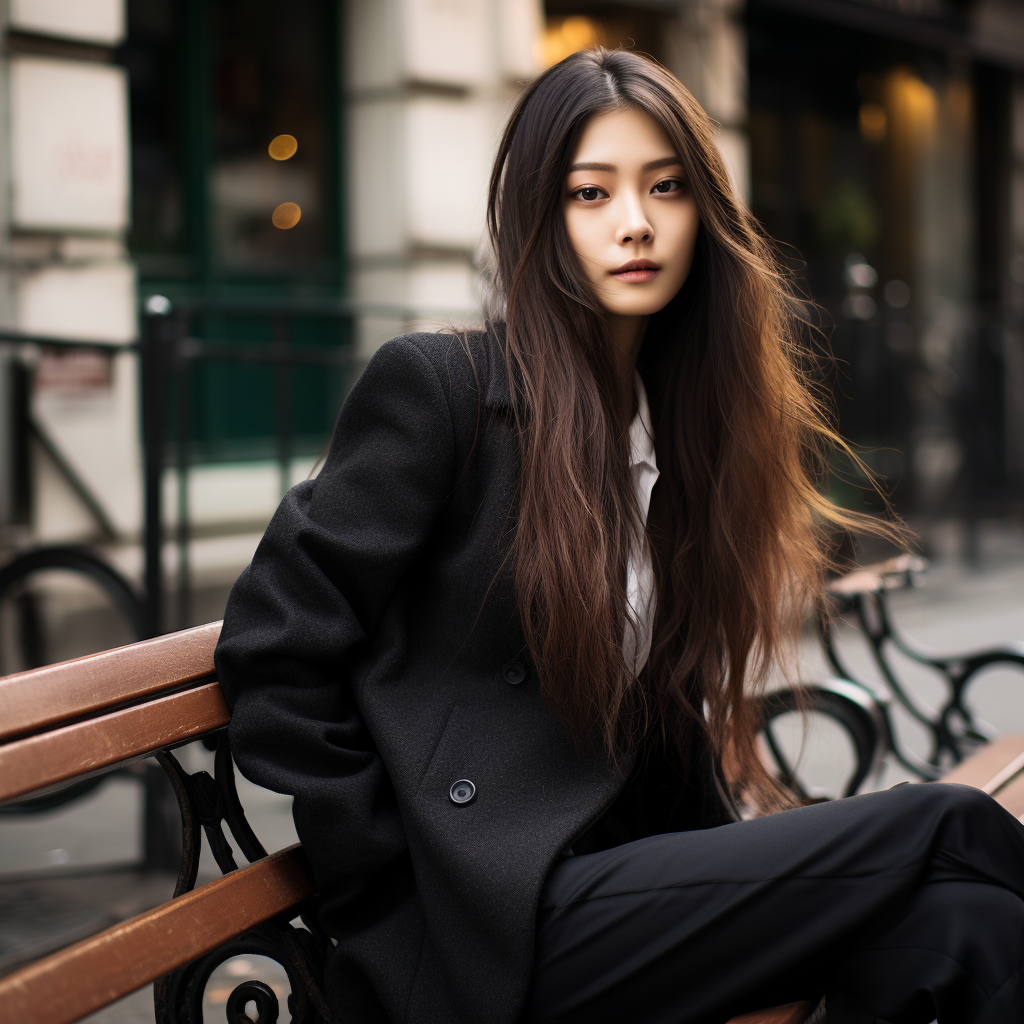 Japanese celebrity with long hair wearing gloves, blazer, and leggings