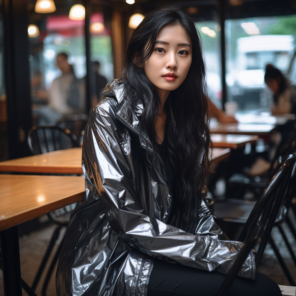 Stylish Japanese model in rain jacket