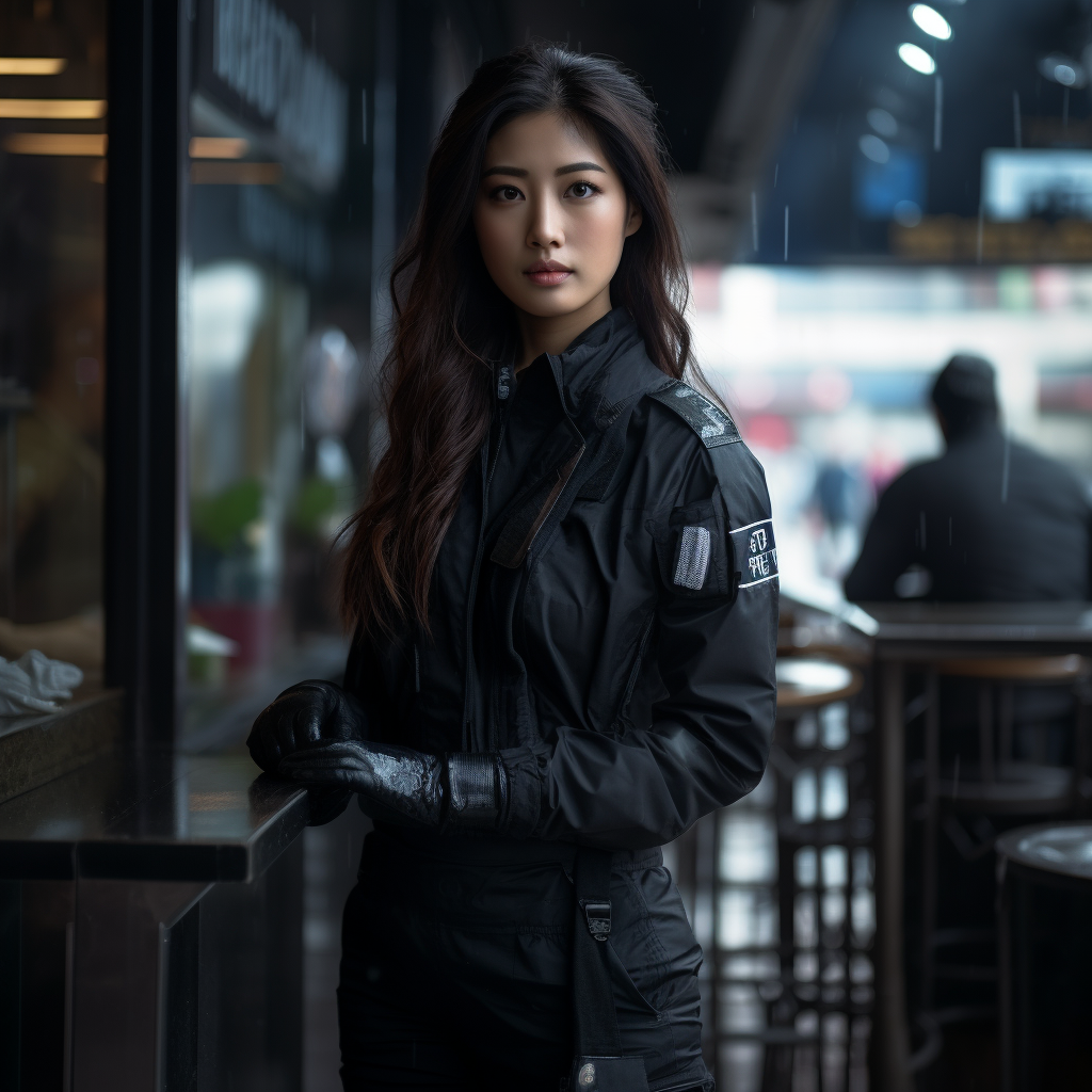 Young Korean policewoman wearing medical exam gloves