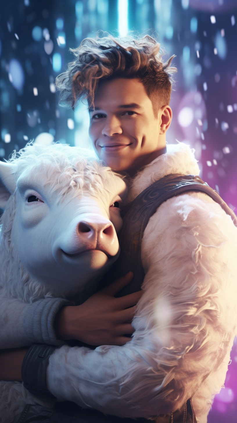 Smiling man hugging white bull creature