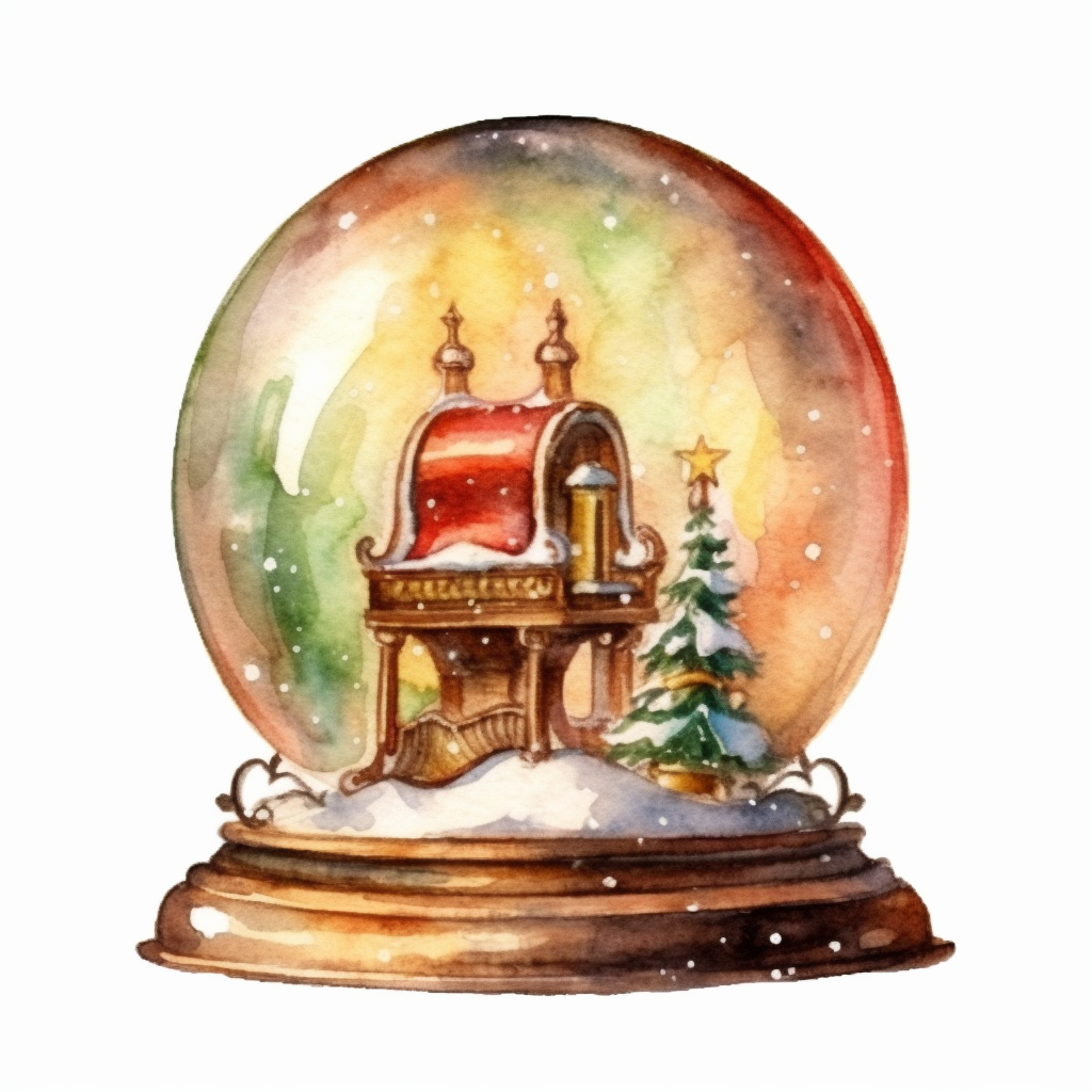 Isolated watercolor illustration of a snow globe with a sleigh