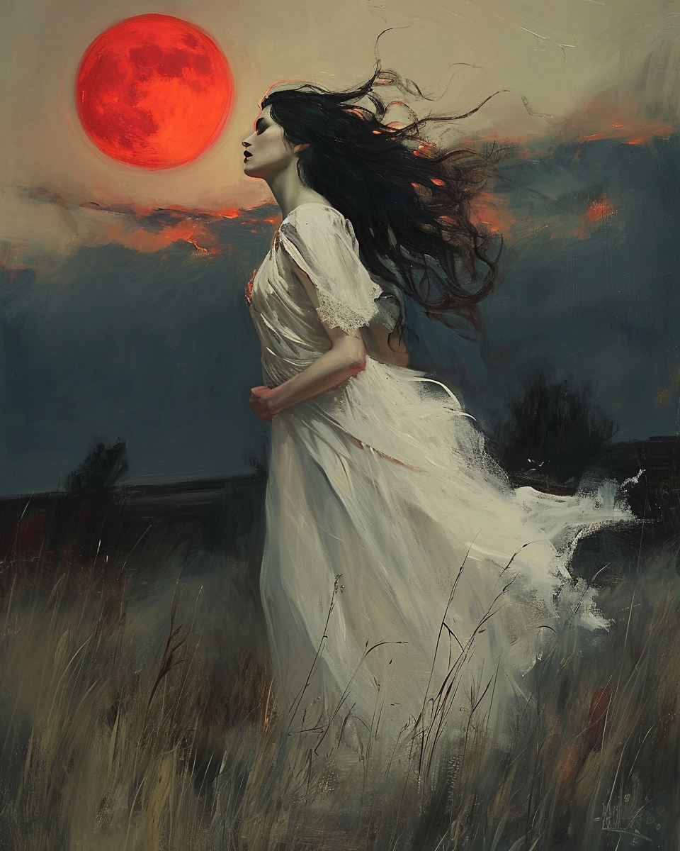 Beautiful sorceress under red moon