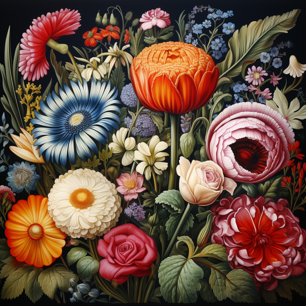 Detailed garden painting with beautiful spring flowers