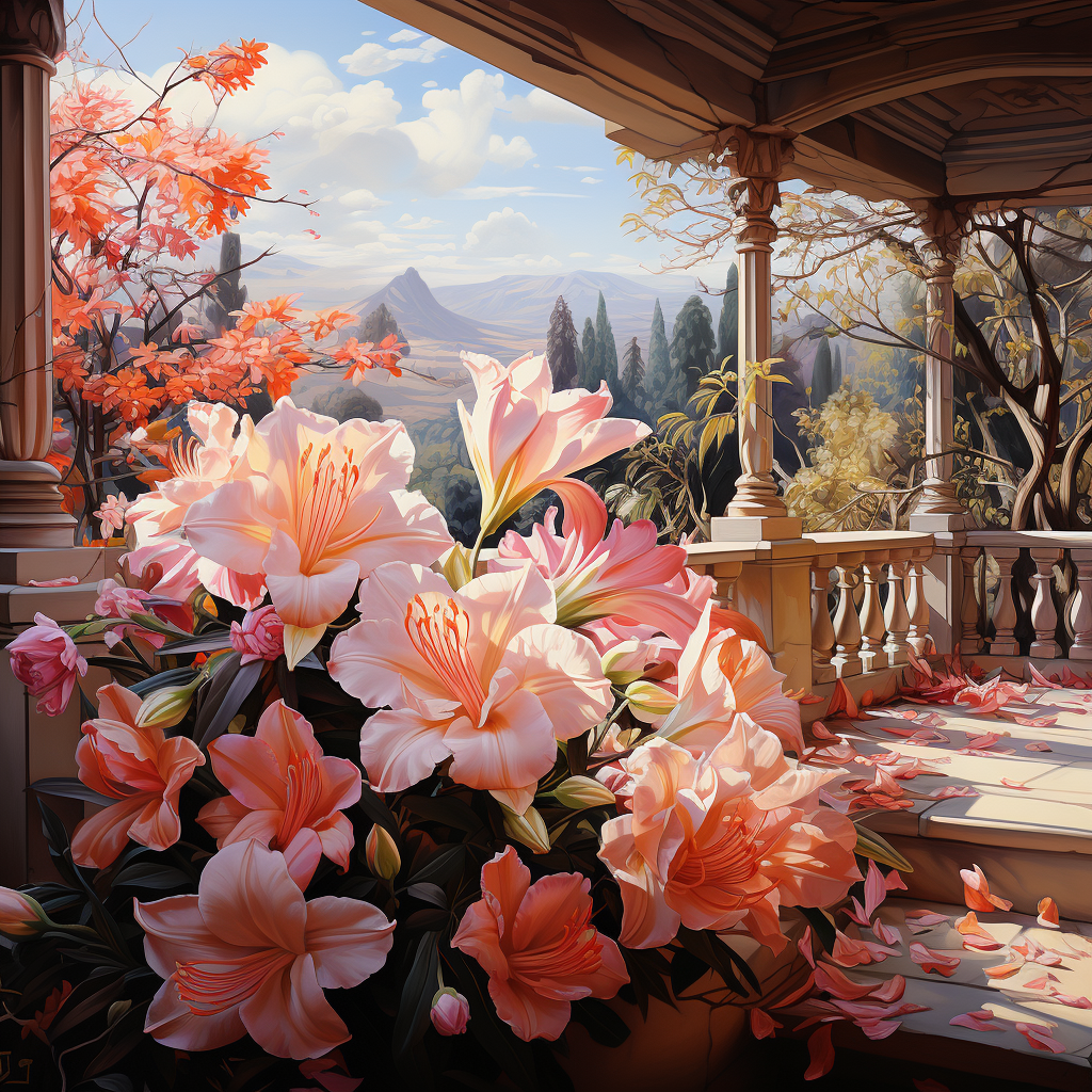 Beautiful spring flowers in gazebo background