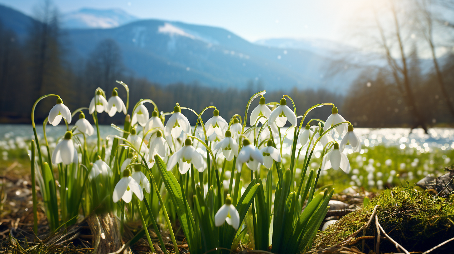 Beautiful Spring Snowdrops with Mountain Background