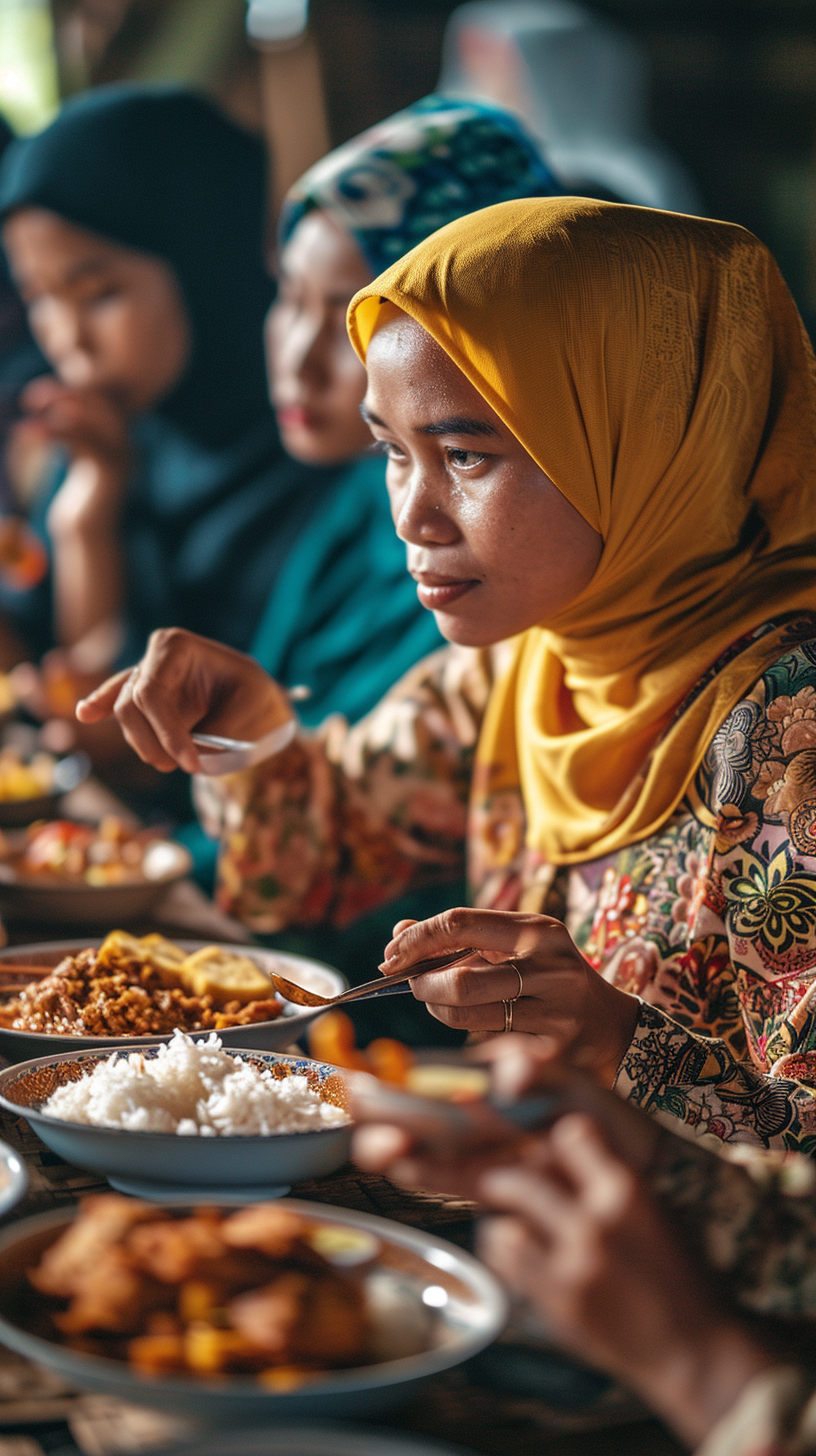 Sundanese women enjoying traditional Indonesian food