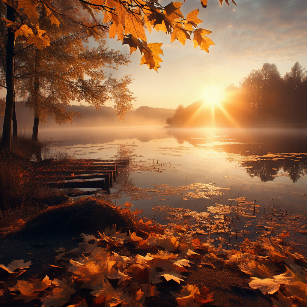 Scenic Sunrise with Fog and Fall Leaves