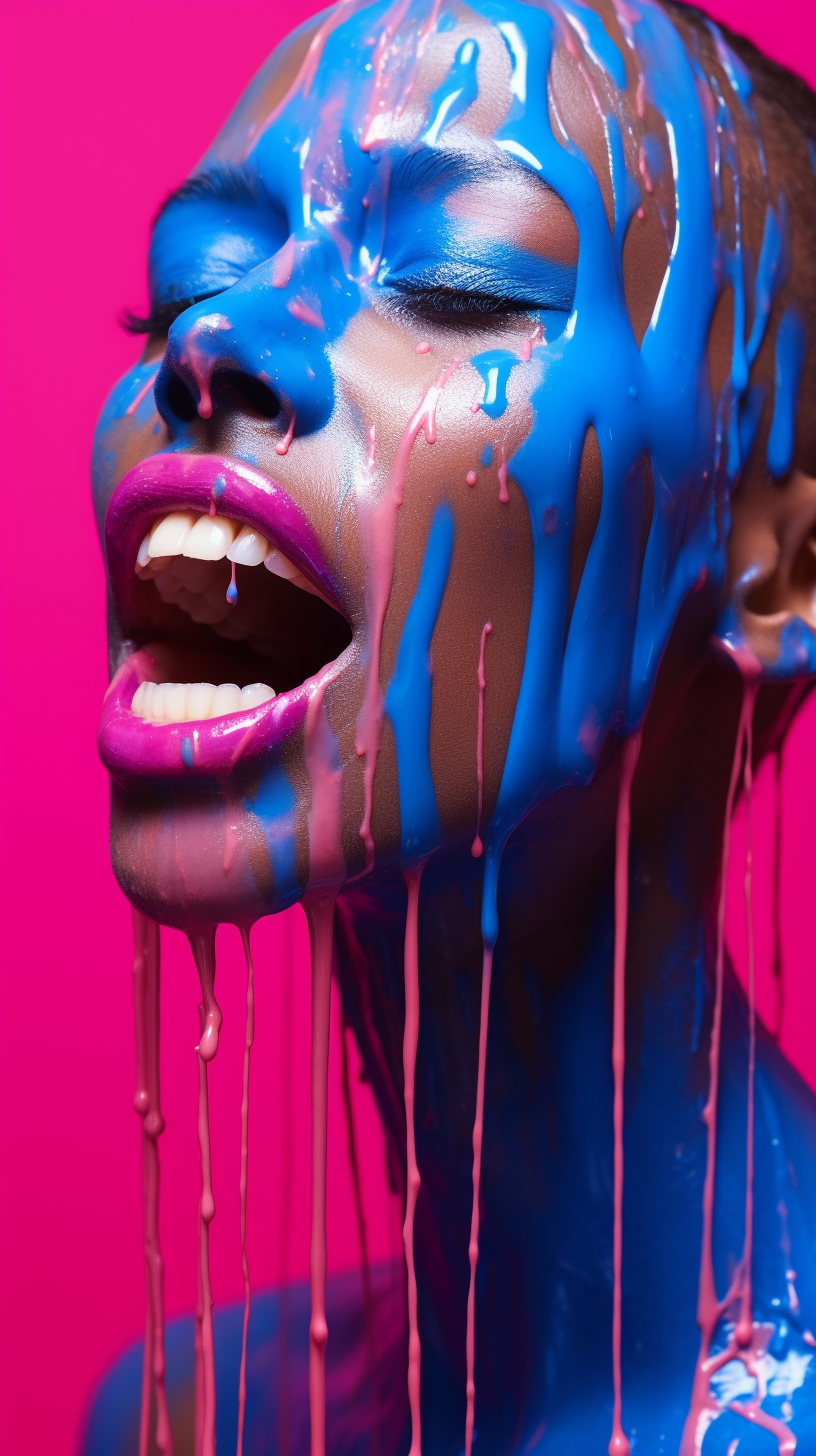 Portrait of a Beautiful Supermodel with Dripping Blue Paint