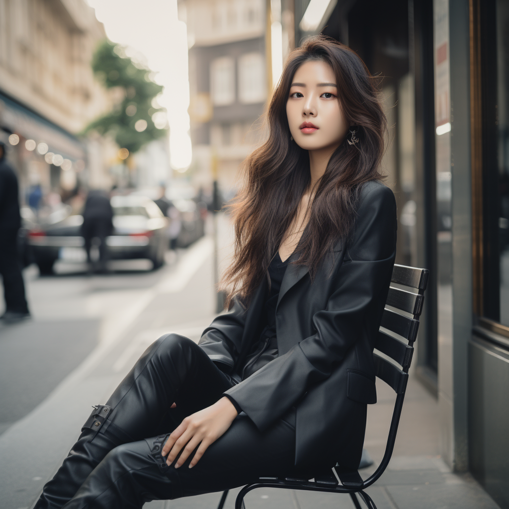 Fashionable Korean Celebrity sitting on the street