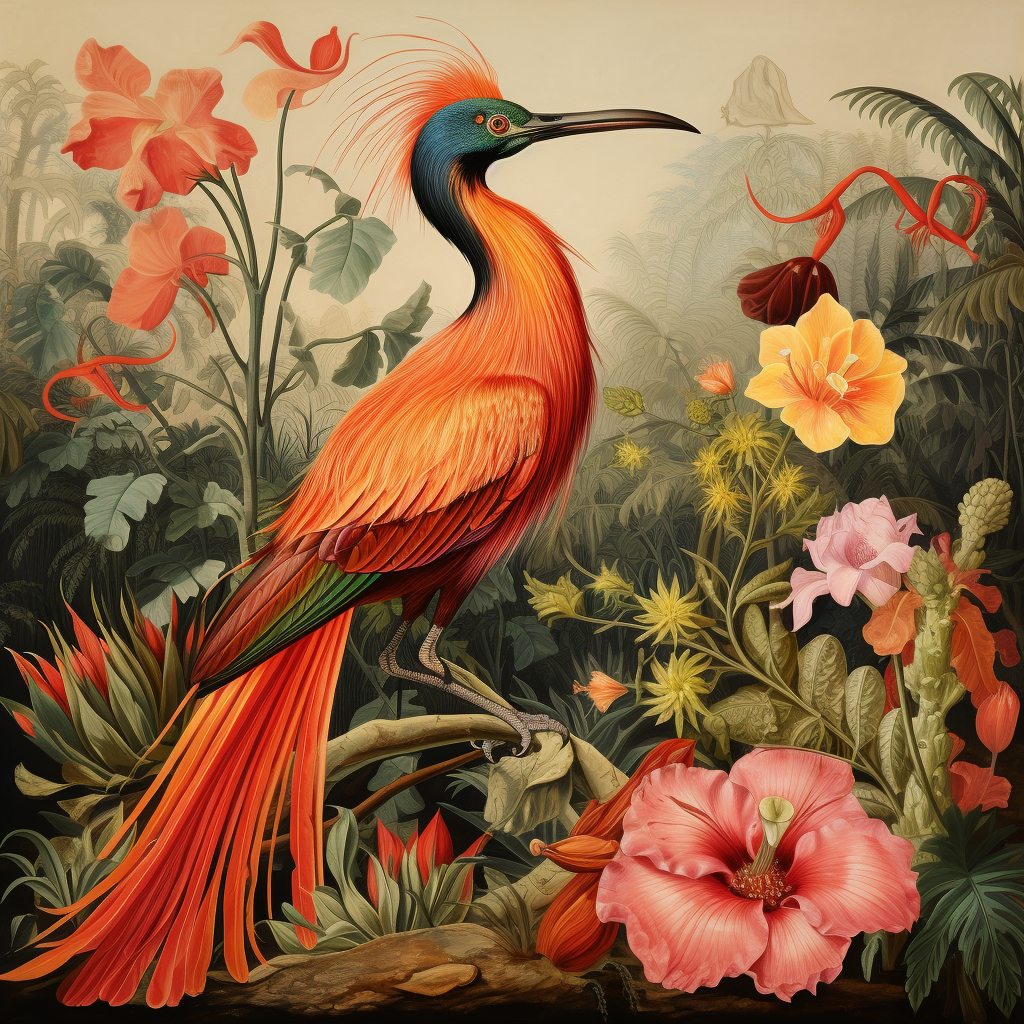 Vibrant Tropical Alien Bird among Flowers