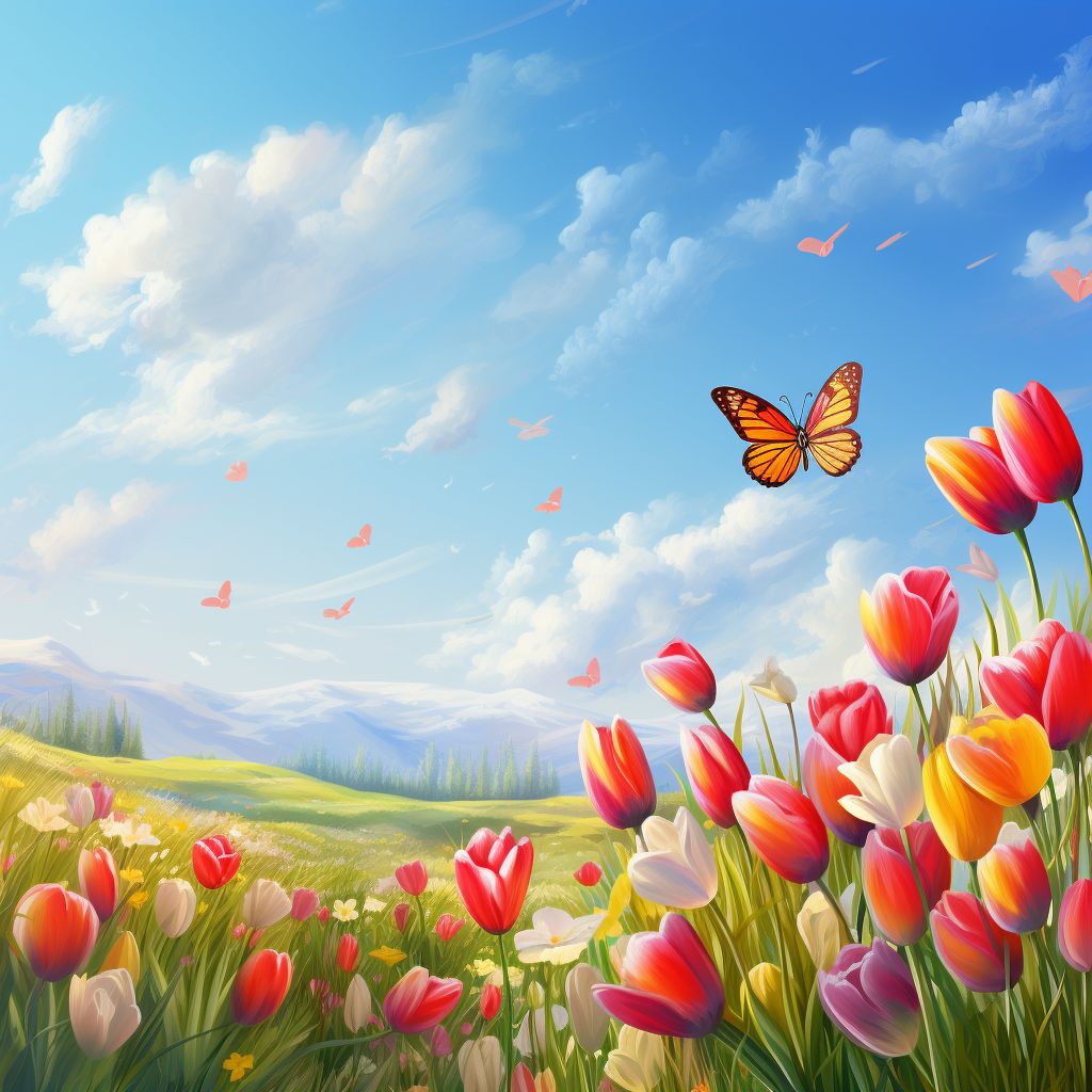 Spring day with tulips and butterflies