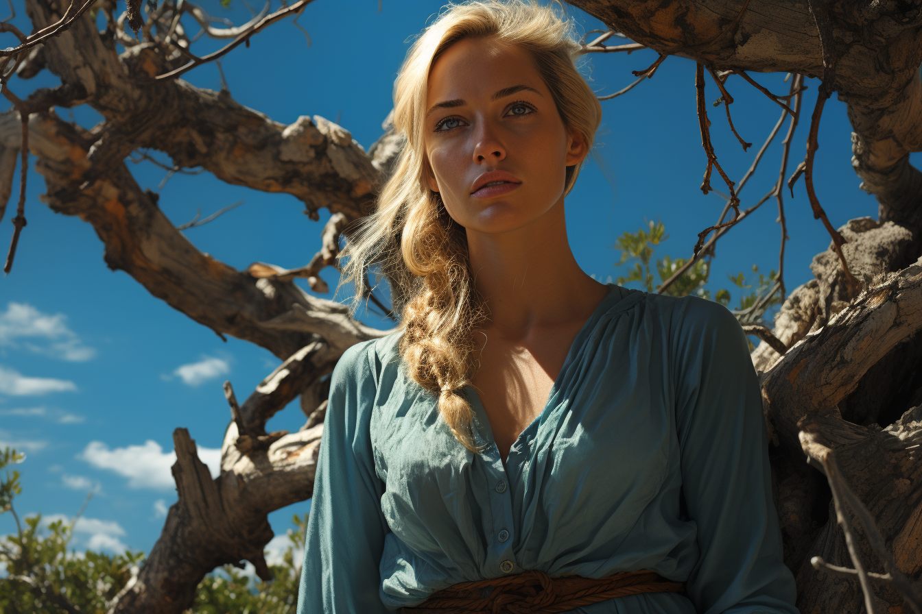 Blonde Turkish woman standing by ancient tree