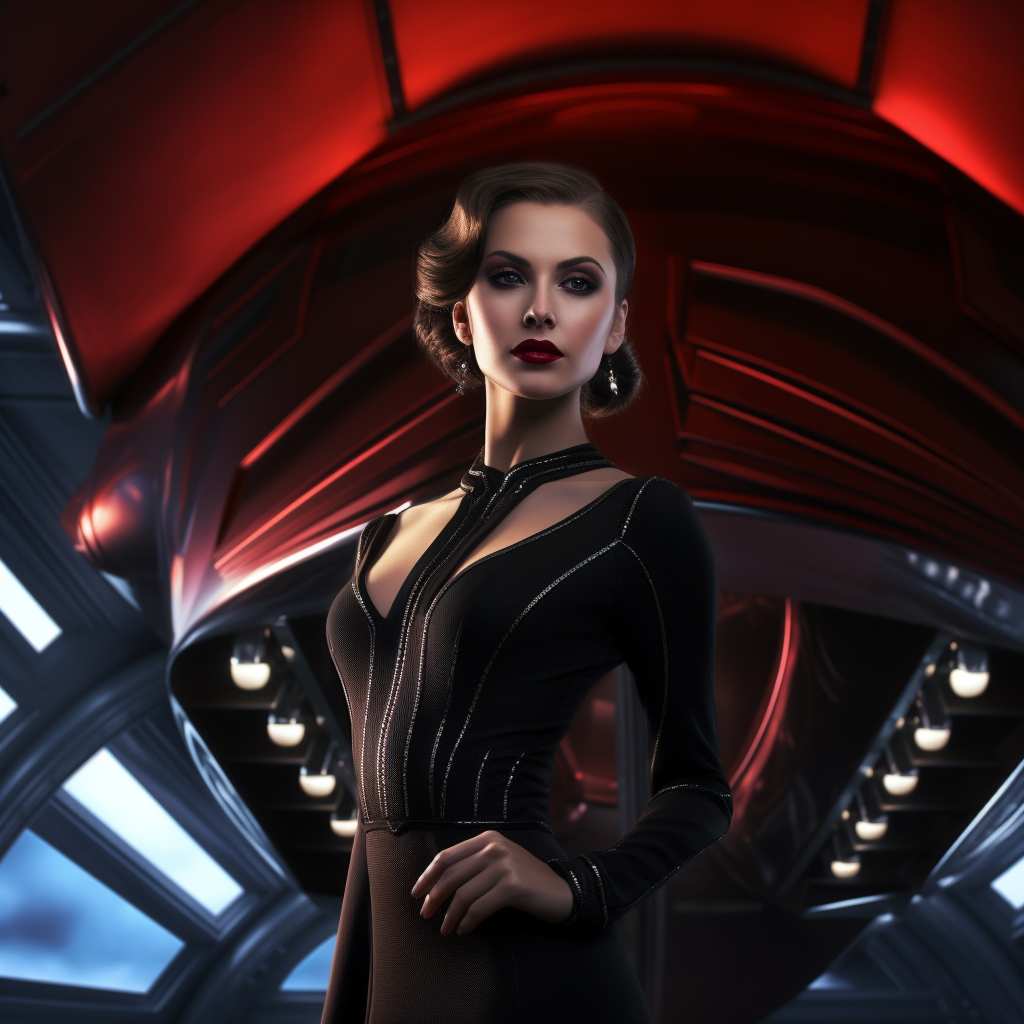 Art Deco Spaceship with Vampire Woman Pilot