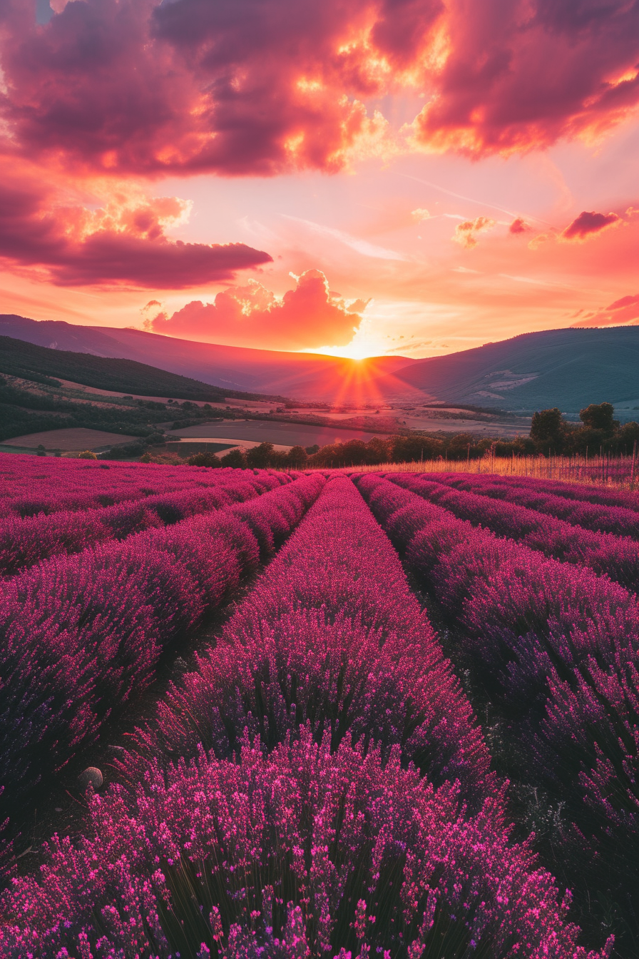 Lavendar Sunset Over Field View