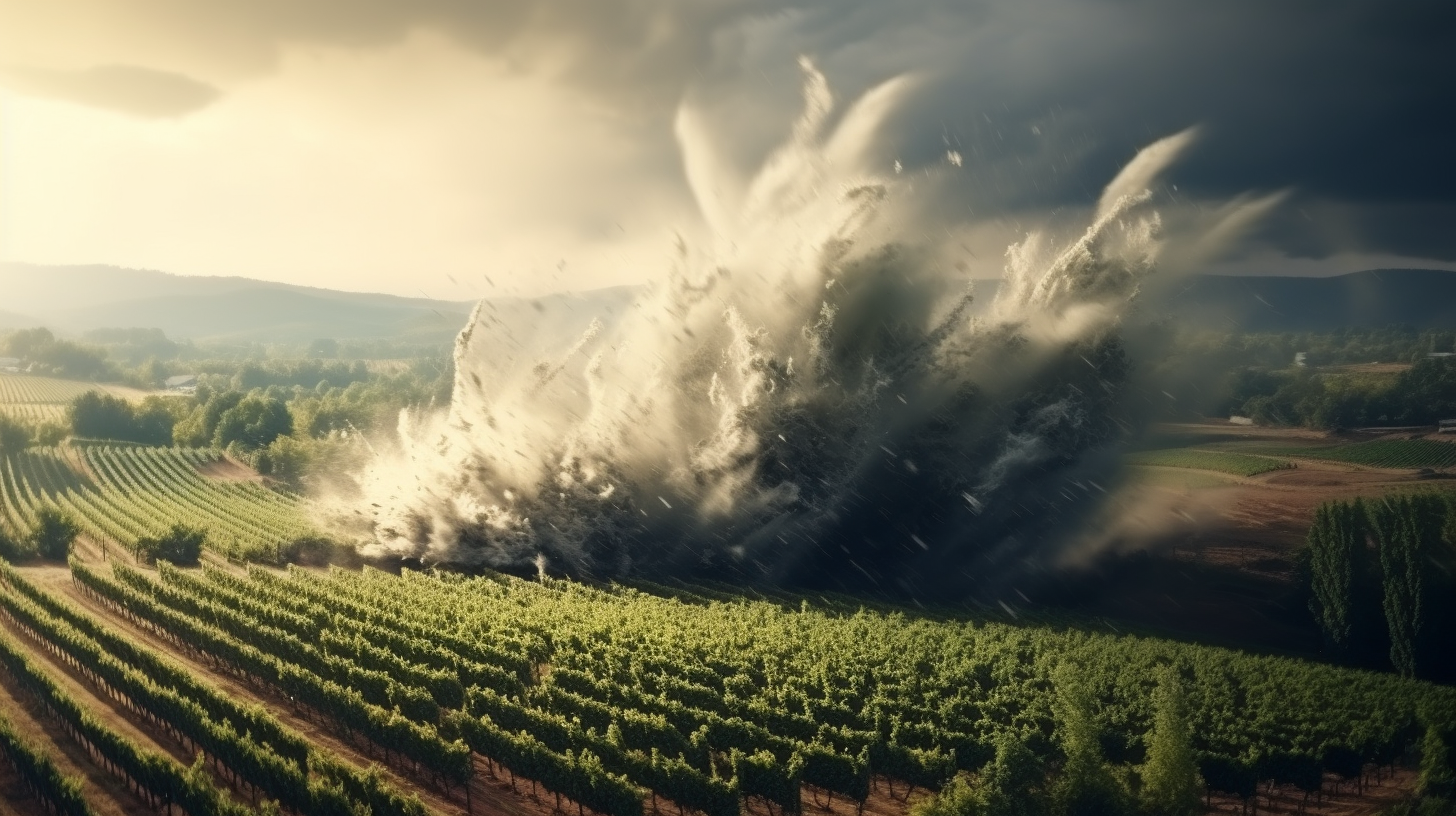 Cinematic view of vineyard amidst natural disasters