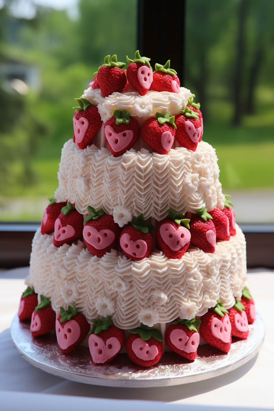 Yarn wedding cake with whipped cream and strawberries