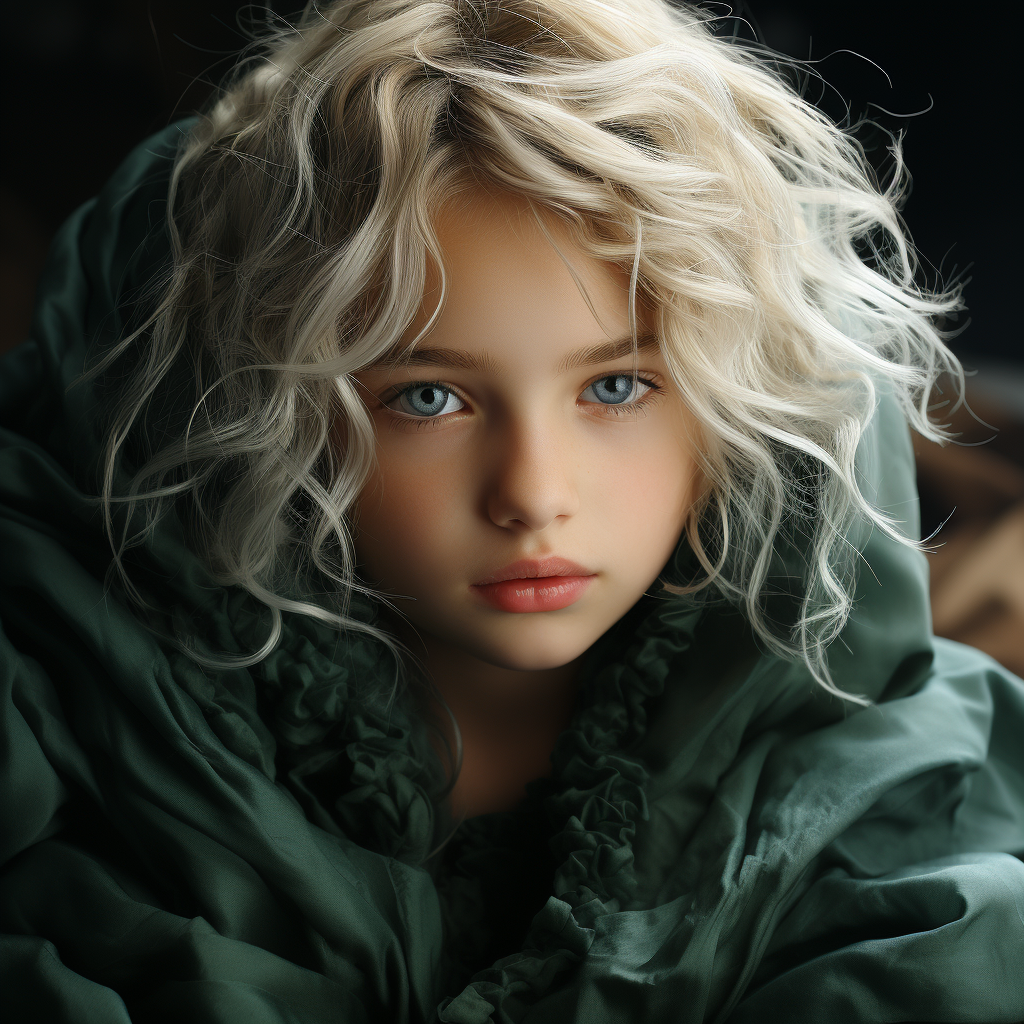 Child in green robe with white hair