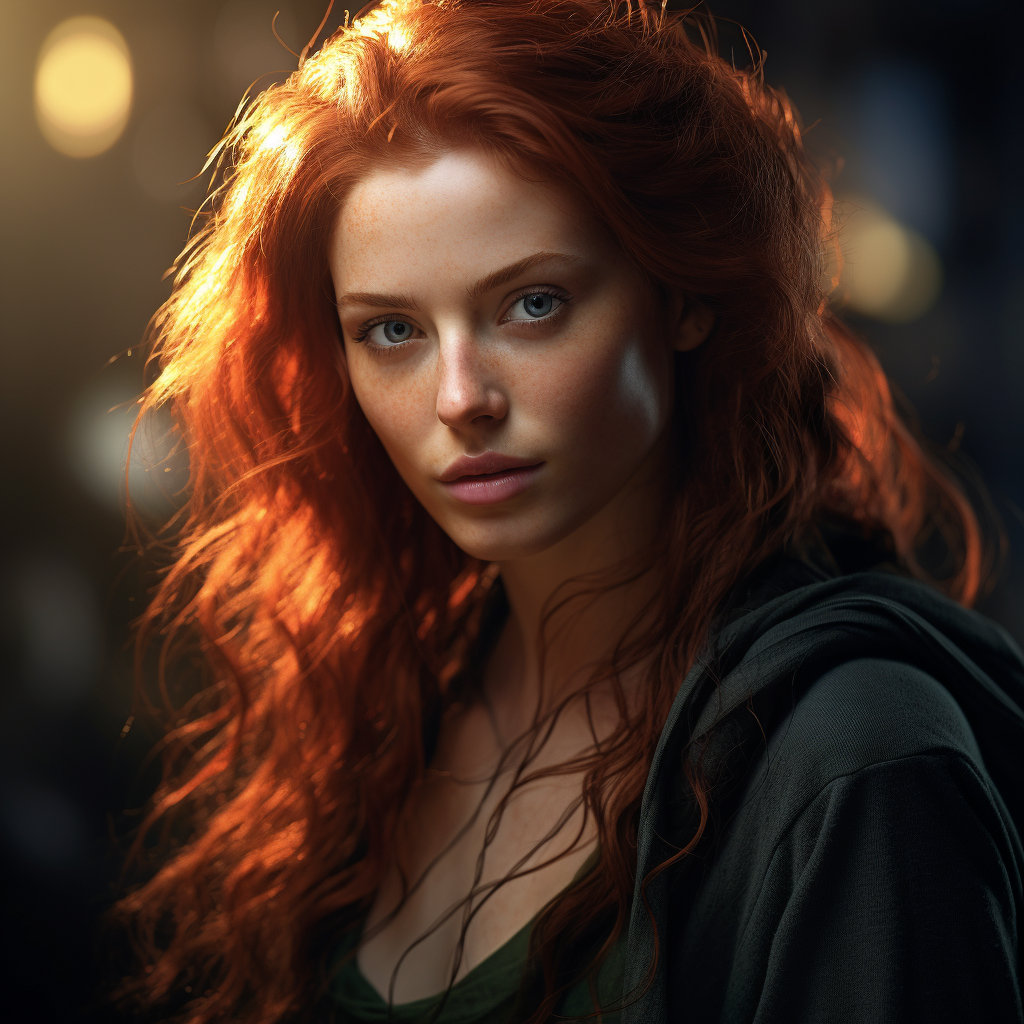 Stunning red-haired witch with jade green eyes