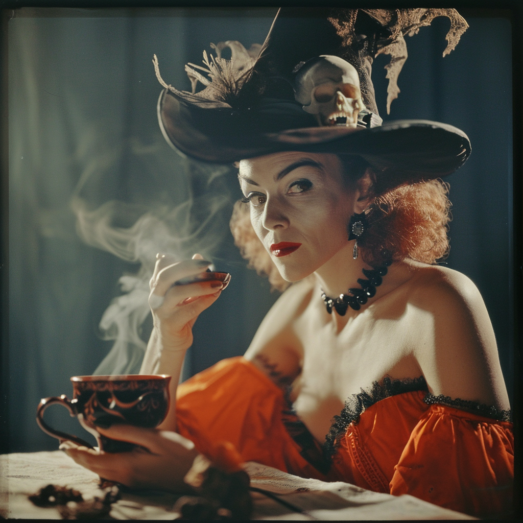 Color photograph of a beautiful witch with hot tea