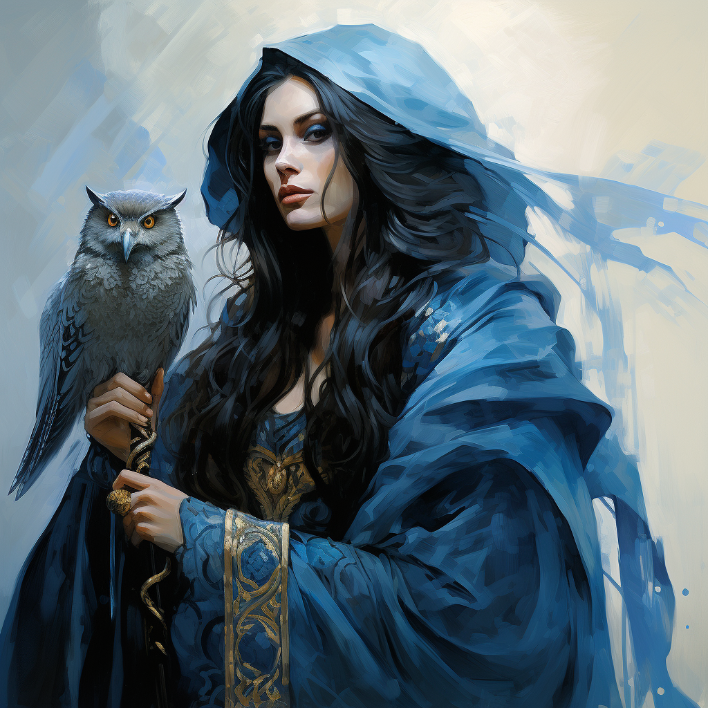 Beautiful witch with owl on shoulder