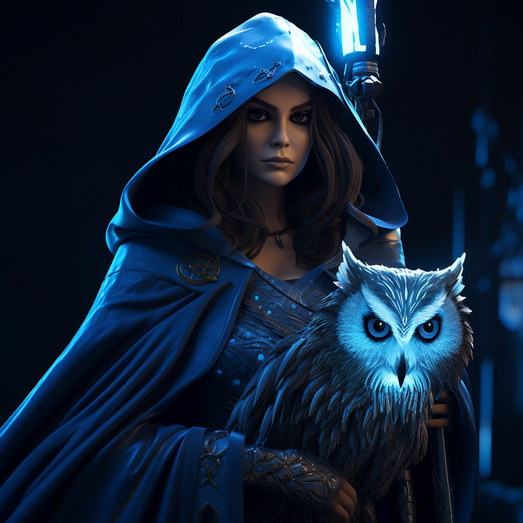 Beautiful witch with cute owl on shoulder