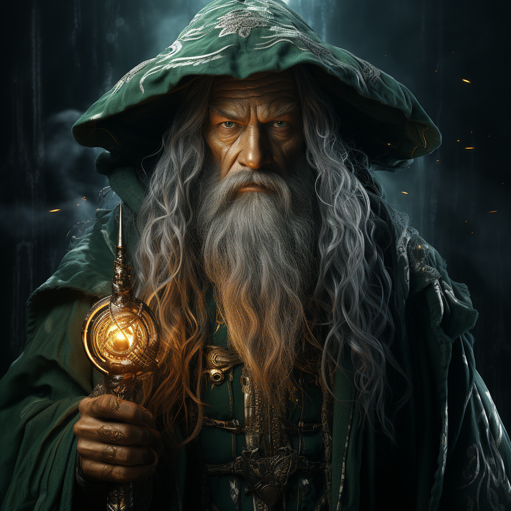 Realistic wizard emerald with green hair