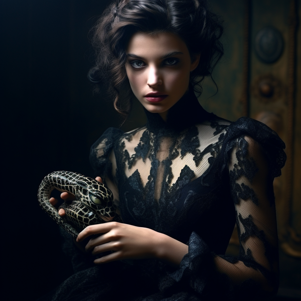 Woman holding black viper in unique dress