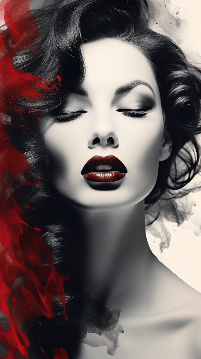 Beautiful woman with bold red lipstick in greyscale