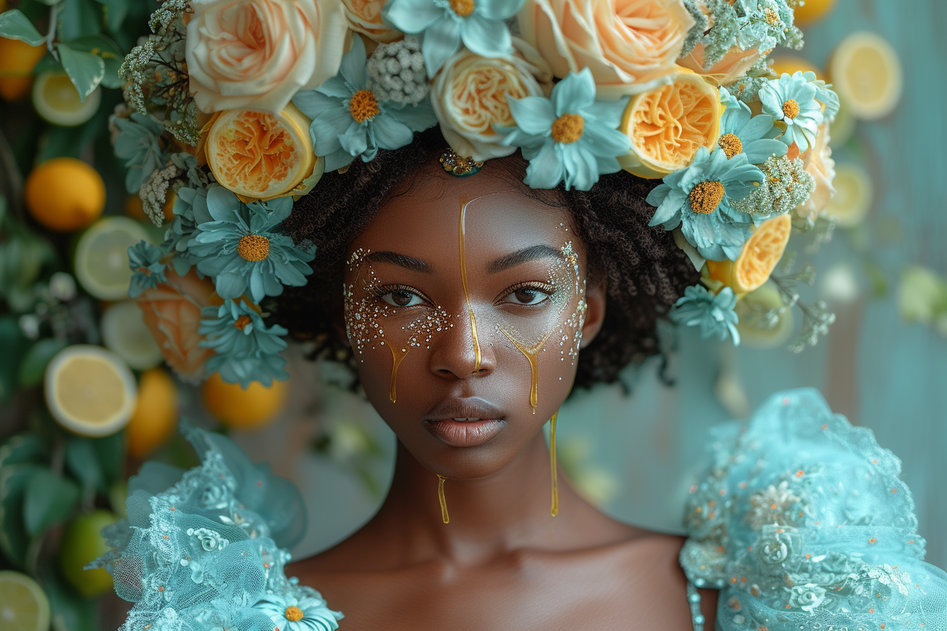 Beautiful woman with melting wax and flowers