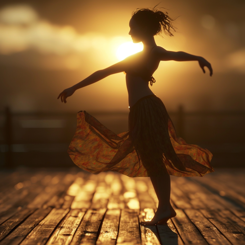 Joyful woman dancing on wooden dance floor