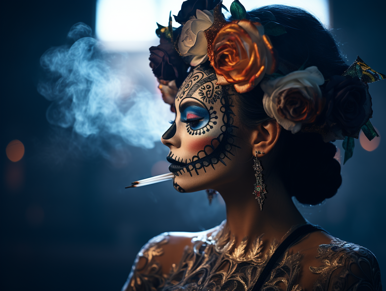 Woman with Dia de Muertos Makeup Smoking