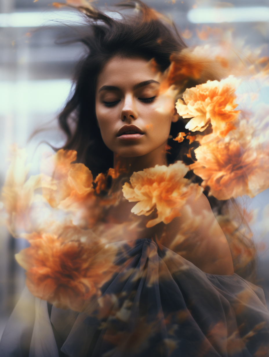 Stunning double exposure of a beautiful woman surrounded by swirling flowers and fire