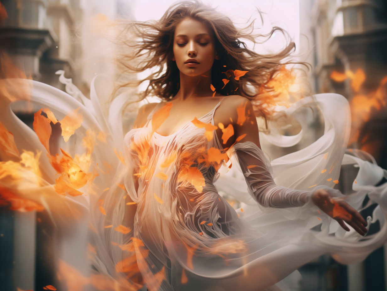 Stunning double exposure of woman with swirling flowers and fire