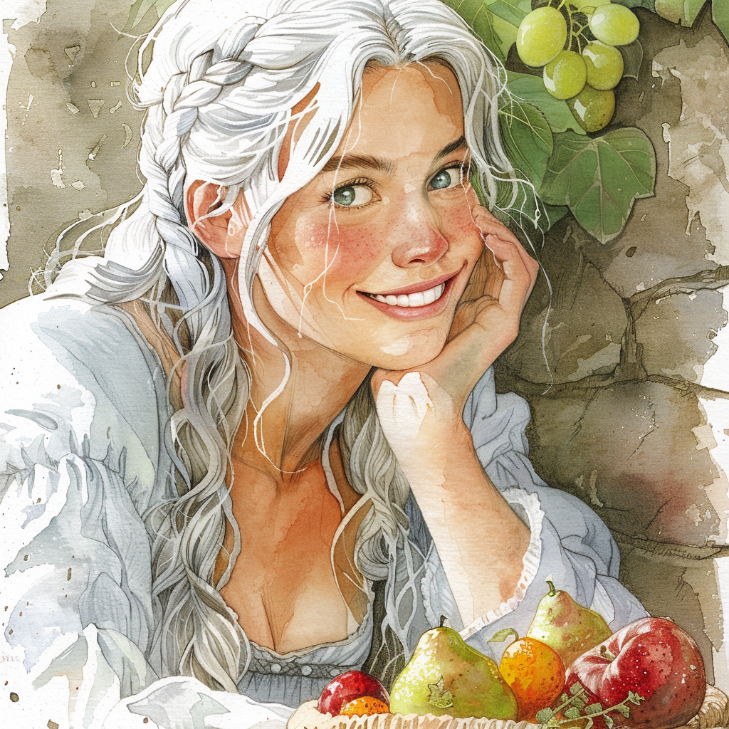 Beautiful woman with silver hair eating fruit