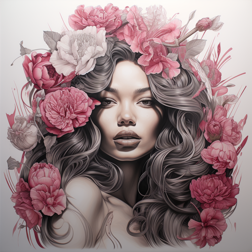 Hyper Realistic Drawing of Beautiful Woman with Flowers