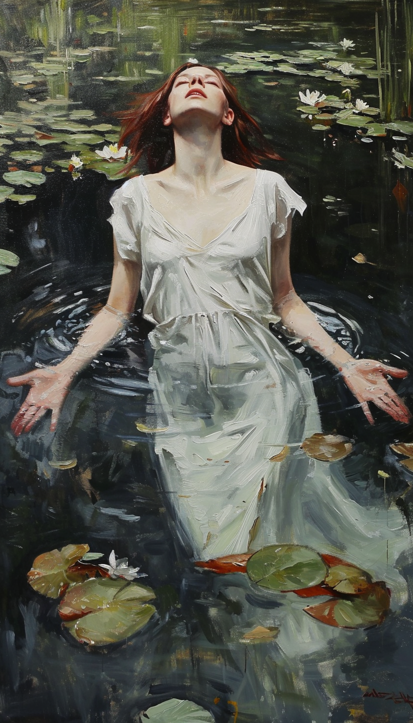 Detailed portrait of a beautiful woman in a garden pond