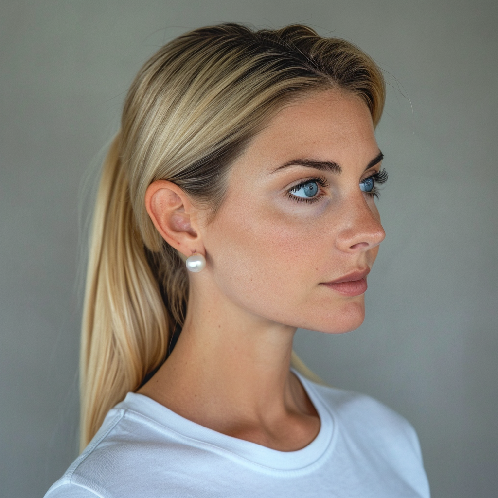 Beautiful woman with t-shirt and pearls