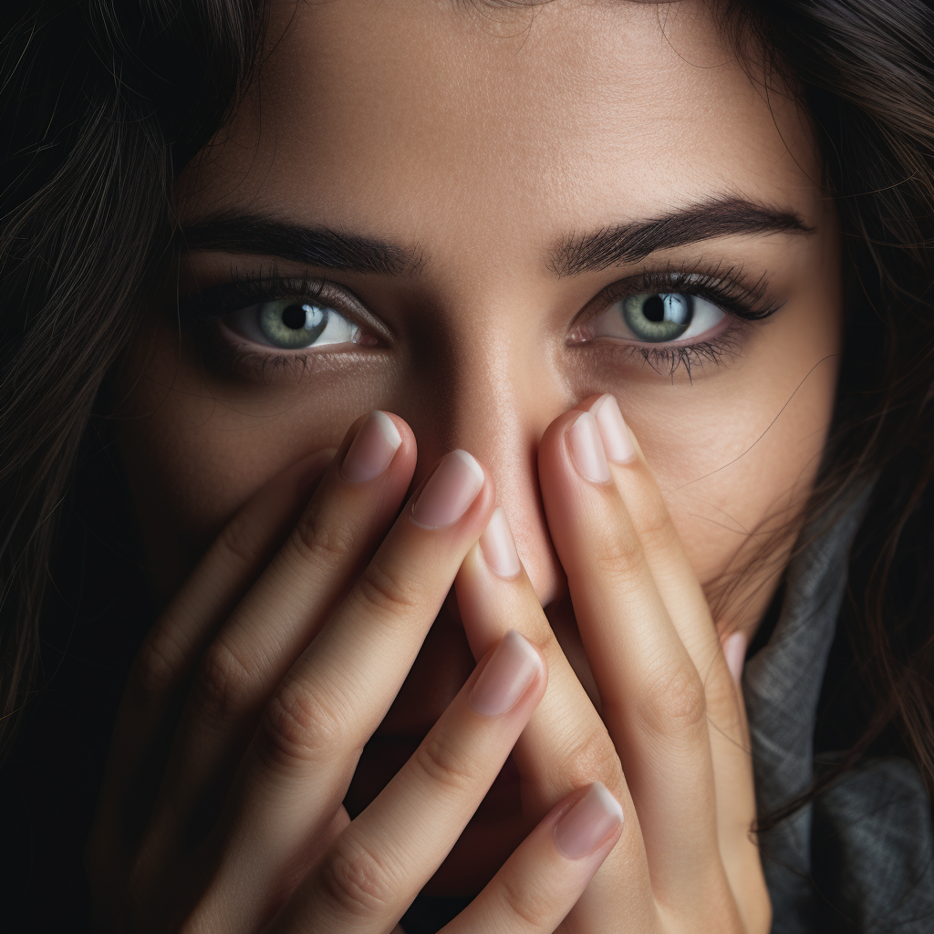 Woman gracefully concealing eye with hand