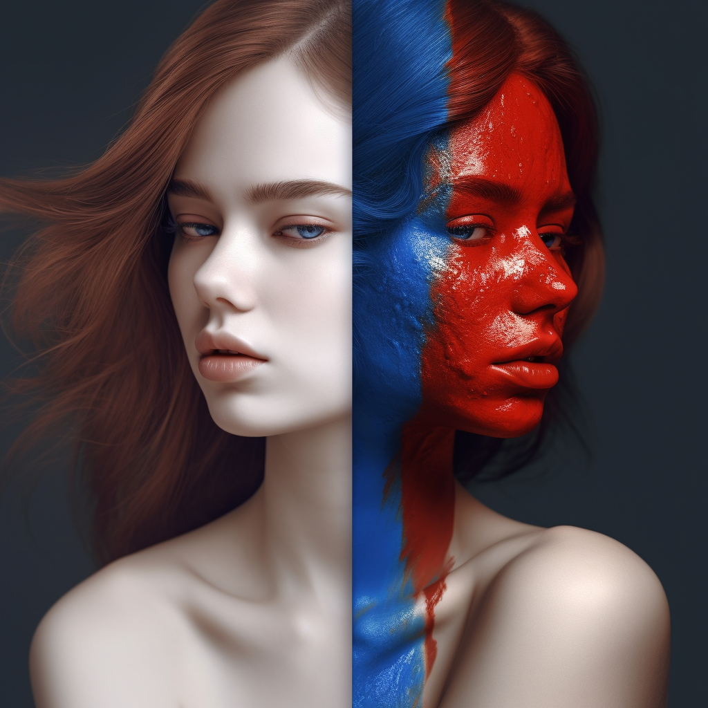 Beautiful woman in hyperrealism with red and blue