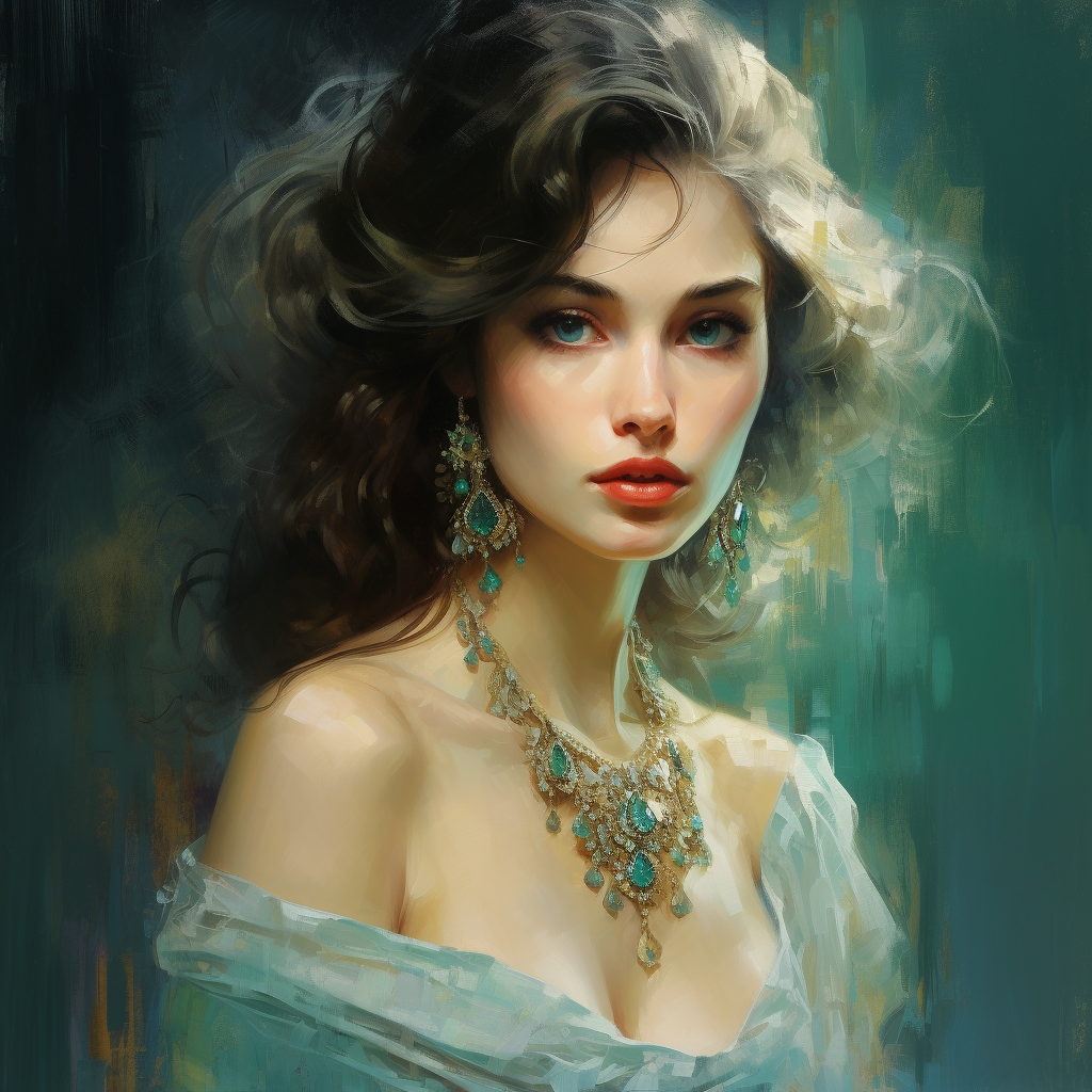 Stunning Woman with Ice Blue, Emerald Green, Ruby Red, and Shiny Gold