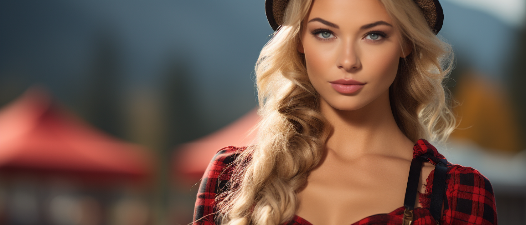 Blond woman in plaid dirndl dress