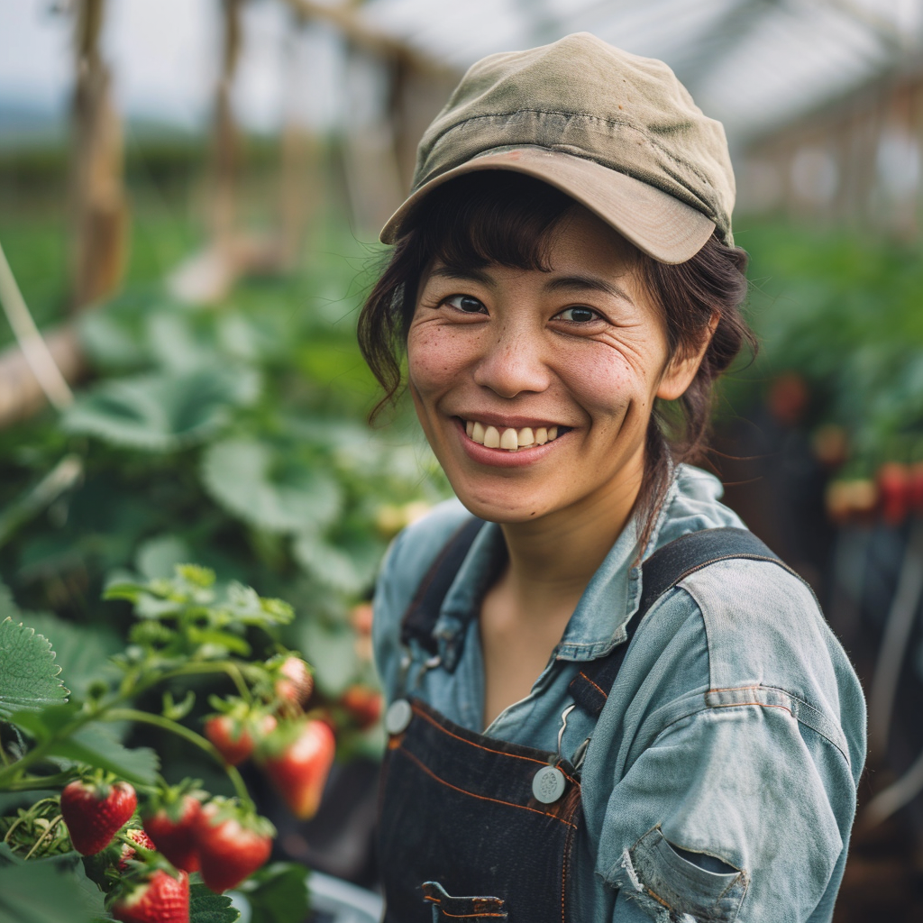 Smiling woman working on a strawberry farm