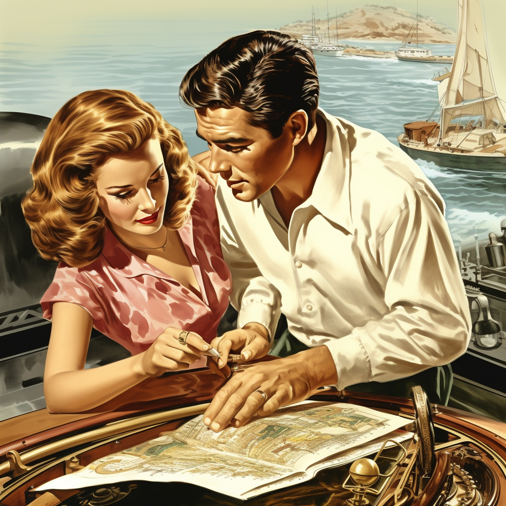 Beautiful couple on luxury yacht exploring treasure map