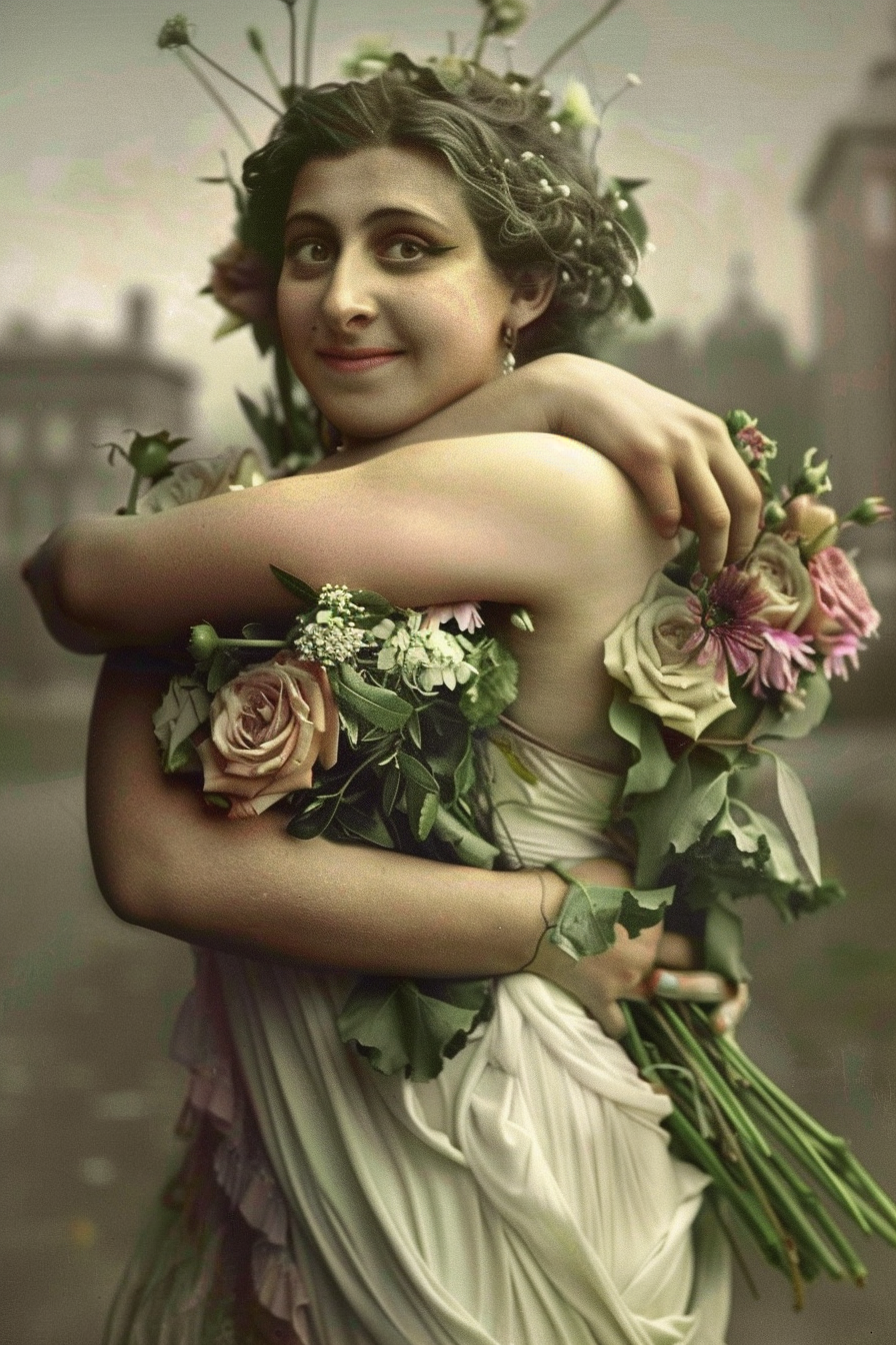 Woman with Muscular Arms Holding Flowers