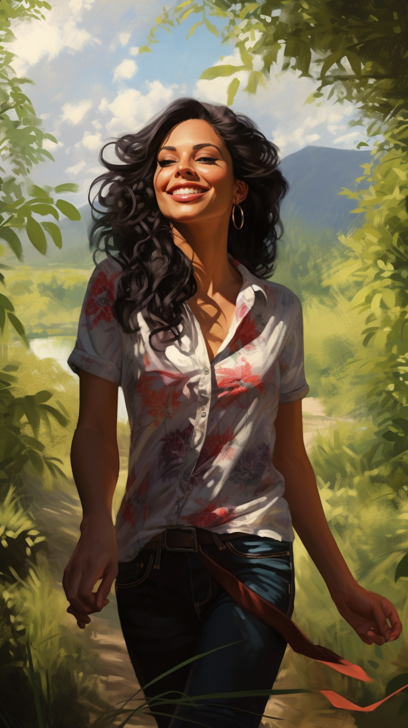 Smiling Hispanic Woman in Nature with Beautiful Hair