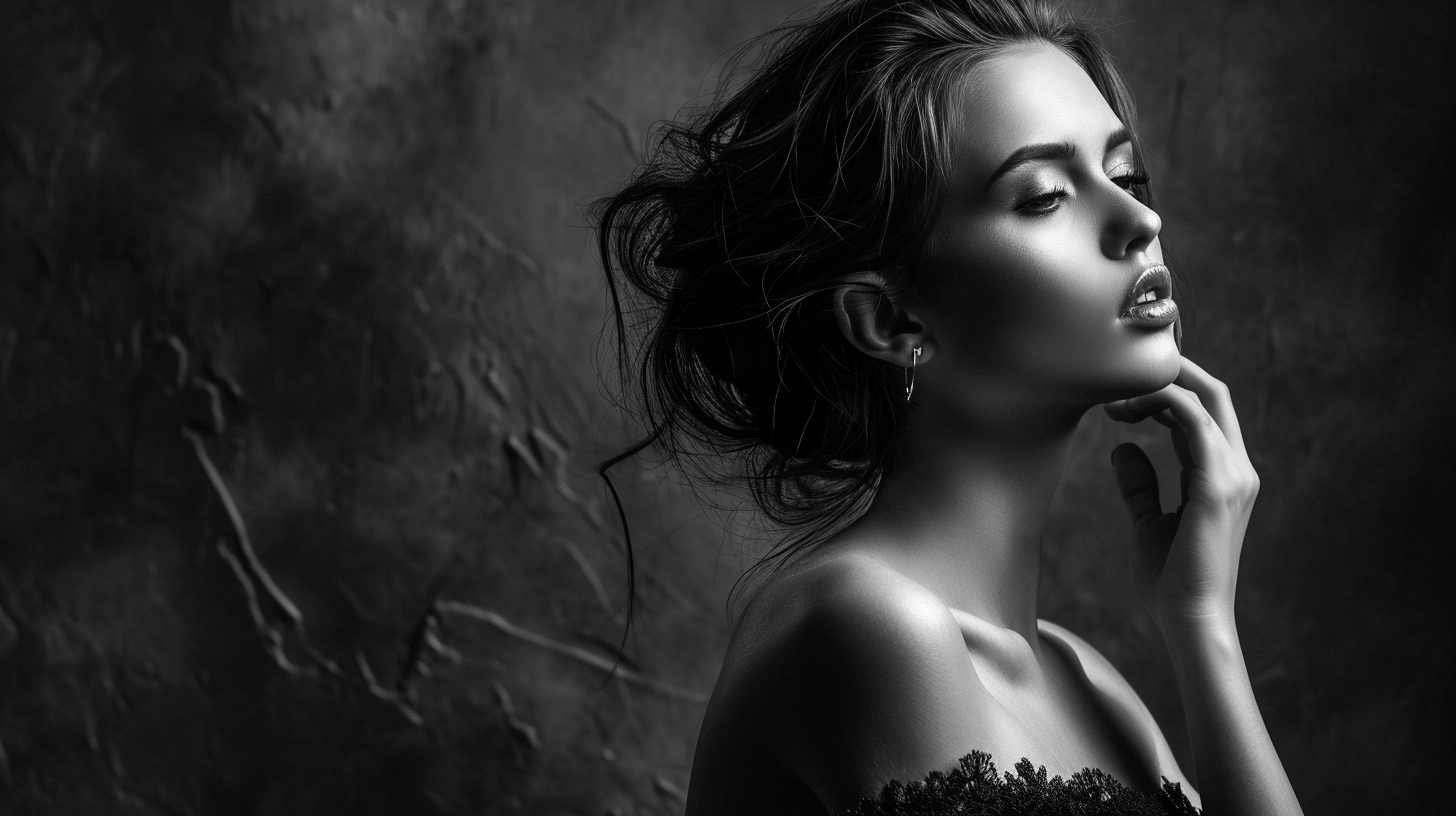 Beautiful woman in surreal black and white photo studio