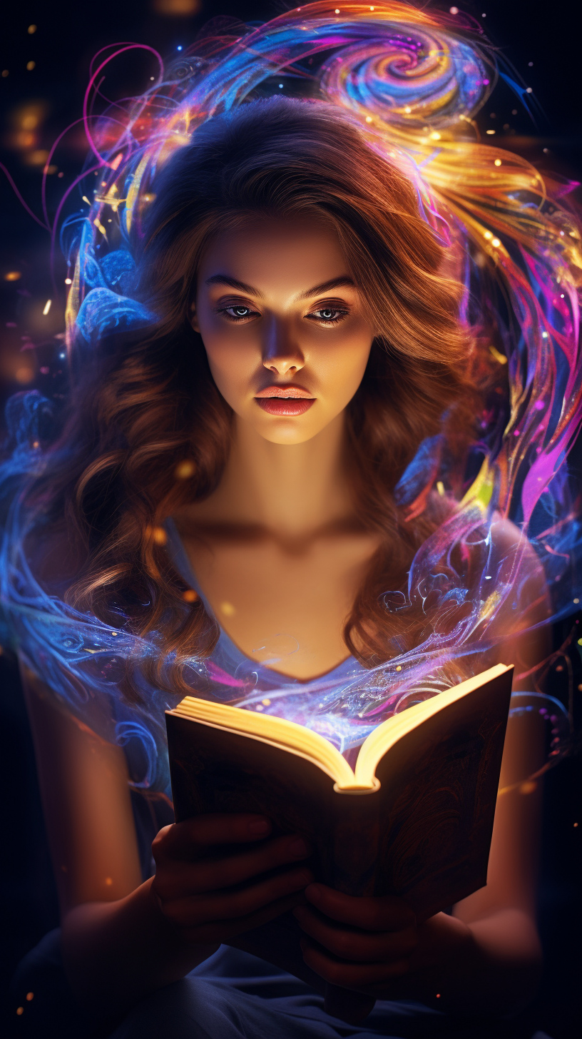 Glowing woman engrossed in a magical book