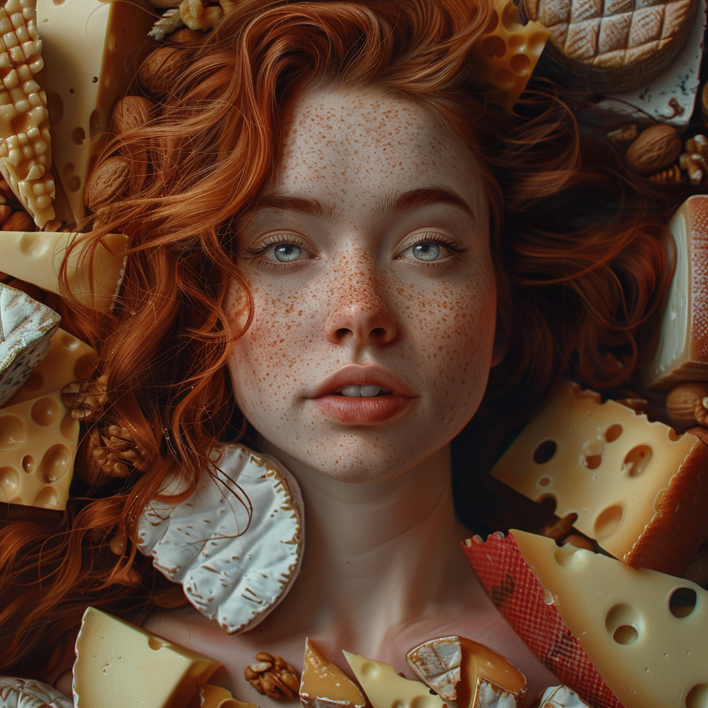 Woman with red hair and cheeses