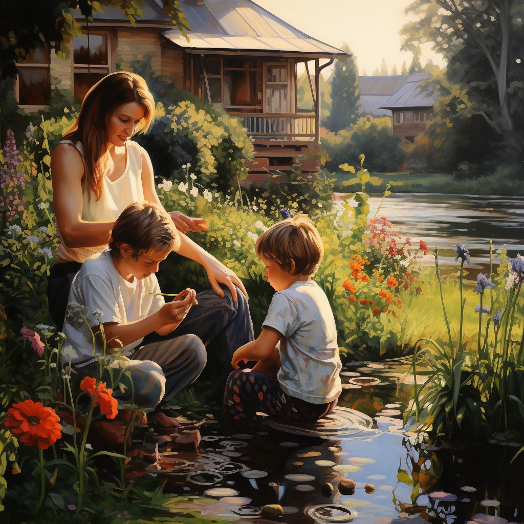 Woman with Children and Husband by River